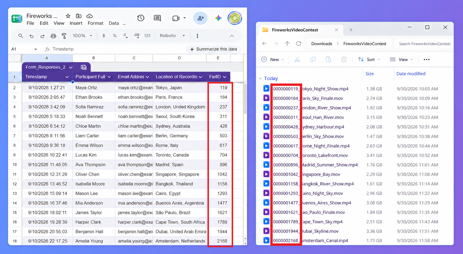 Google Forms FileIDs aligned with the names of collected video files